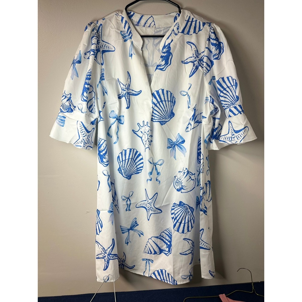 Shein | Blue/White Seashell Starfish V-Neck Bell Sleeve Shift Dress | Size 2XL - Picture 1 of 1